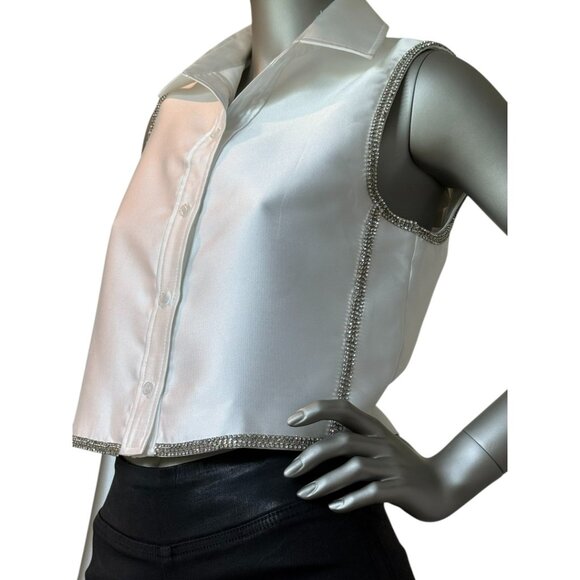 Sandro Button Down Tank Rhinestone embellished sleeveless cropped satin shirt - Picture 1 of 8